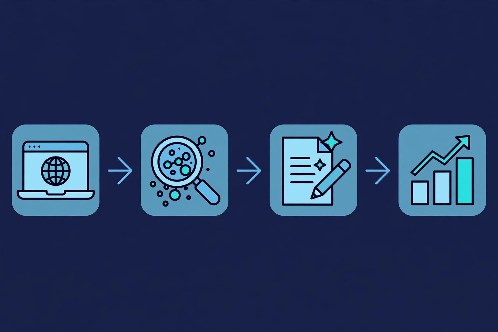 Beginner AI SEO workflow diagram: website to keyword research to content optimization to traffic growth