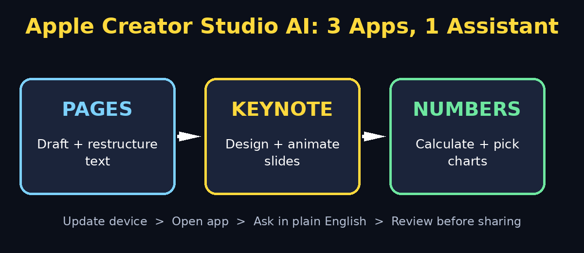 Apple Creator Studio AI workflow across Pages, Keynote and Numbers