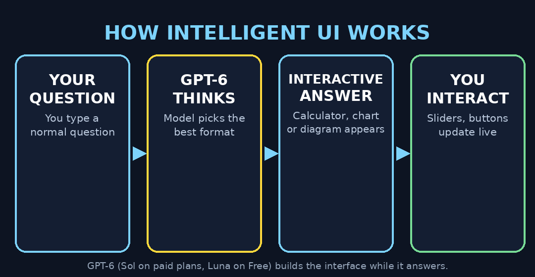 Diagram showing how ChatGPT Intelligent UI works: your question goes to GPT-6, the model picks a format, an interactive answer appears, and you interact with it
