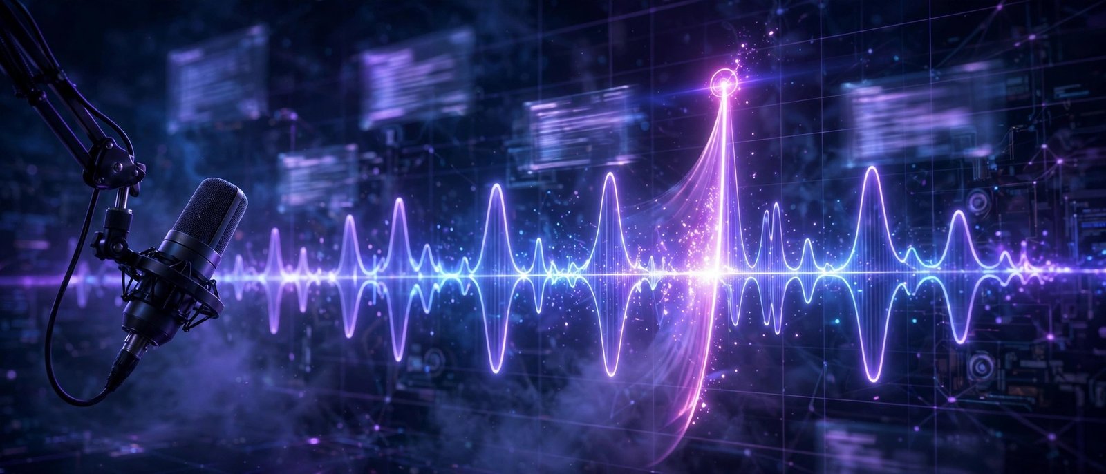 Descript AI video editor with glowing waveform timeline and holographic transcript