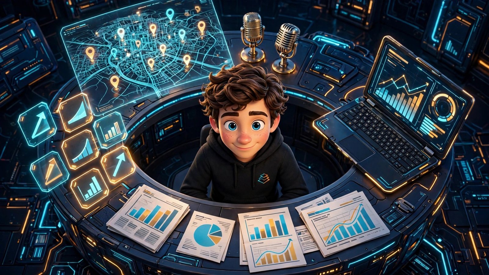 How to use Featured Newsjacking AI for beginners - 3D illustration of the AI Tool Steps mascot at a newsroom desk with breaking news alerts