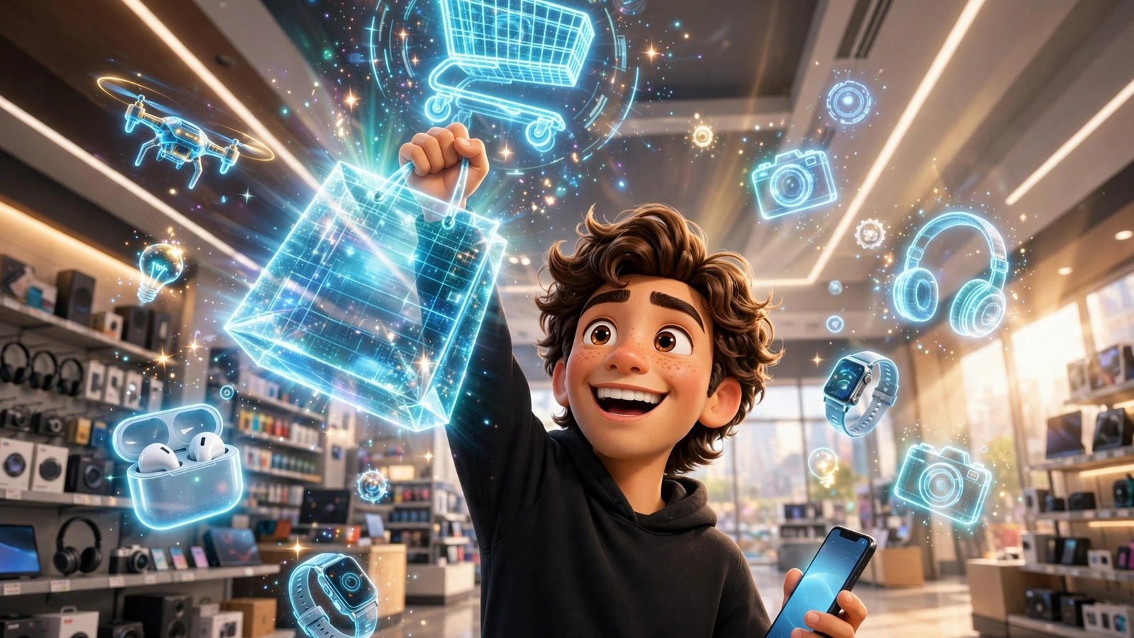 3D Pixar-style character holding a holographic shopping bag in a store aisle — Google Universal Cart beginner's guide