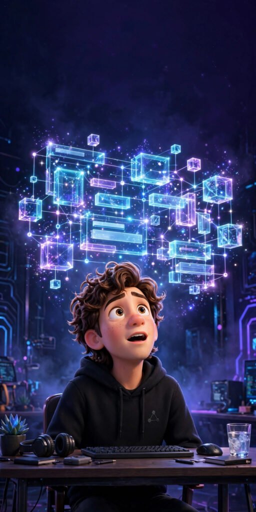 How to build websites without coding using Lovable AI - 3D Pixar-style illustration of a young man building a website with AI