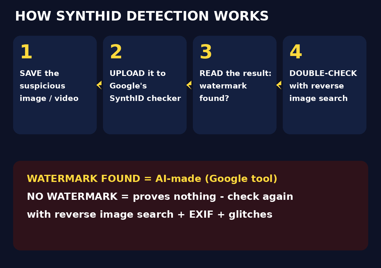 Workflow diagram showing how to detect AI-generated images and videos with SynthID