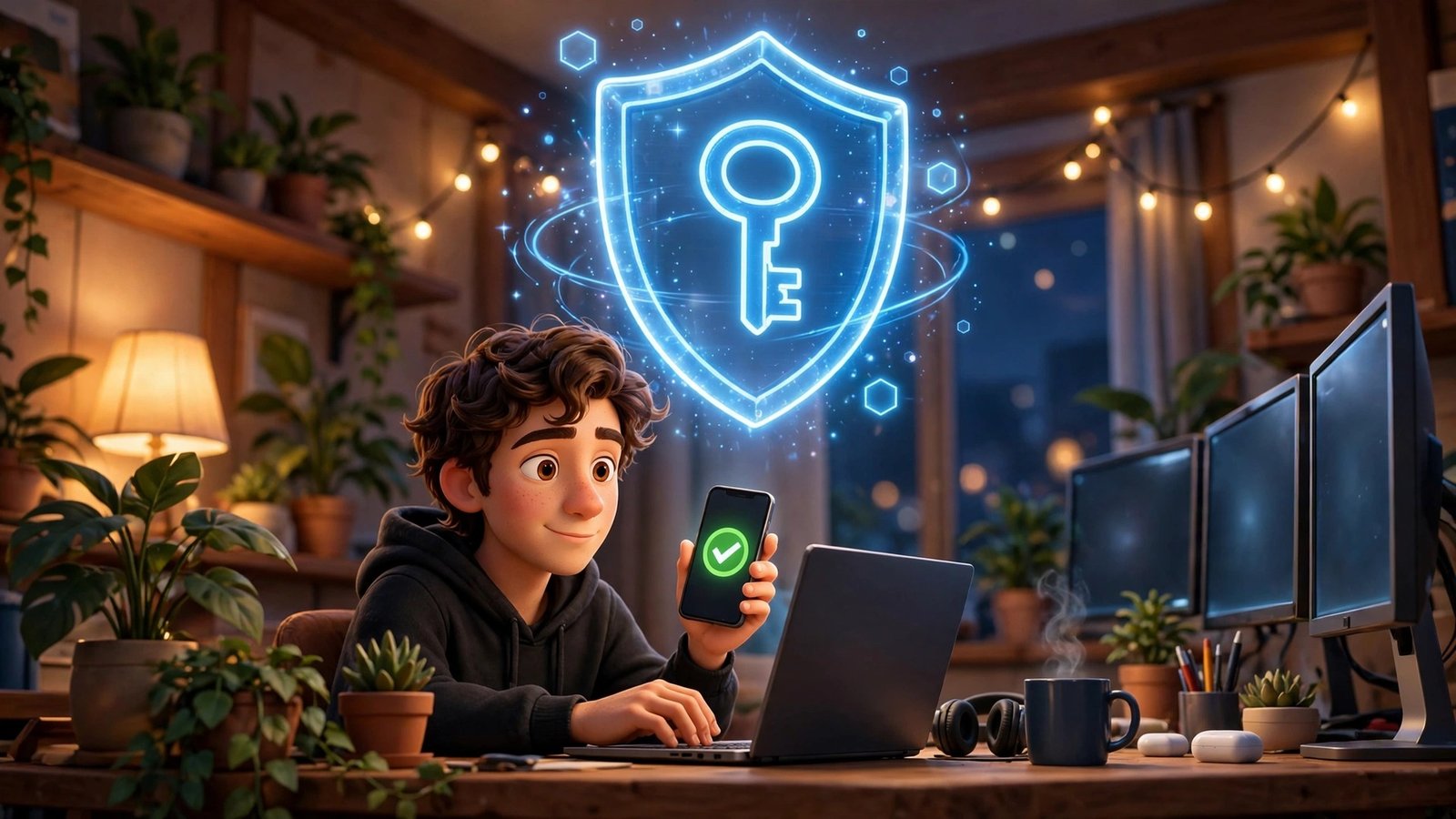 1Password for Agents beginner guide - 3D Pixar style mascot approving a login on his phone under a glowing shield and key hologram