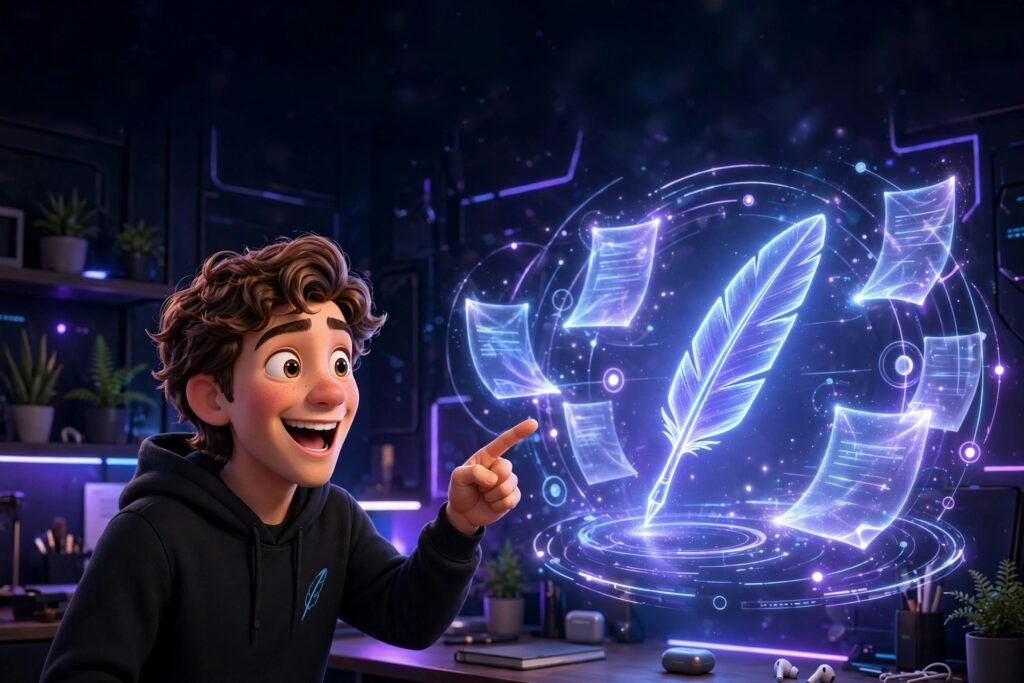 3D Pixar-style young man using AI writing tools - glowing holographic documents and quill pen, beginner guide