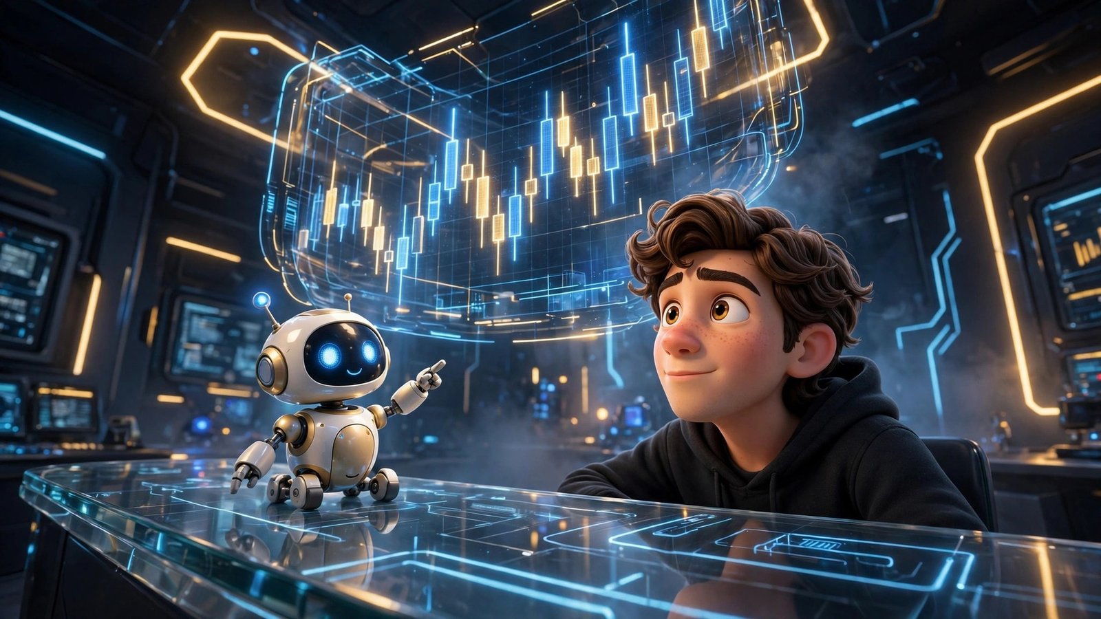 Binance AI Pro beginner guide: 3D cartoon trader with a robot assistant and holographic crypto trading charts
