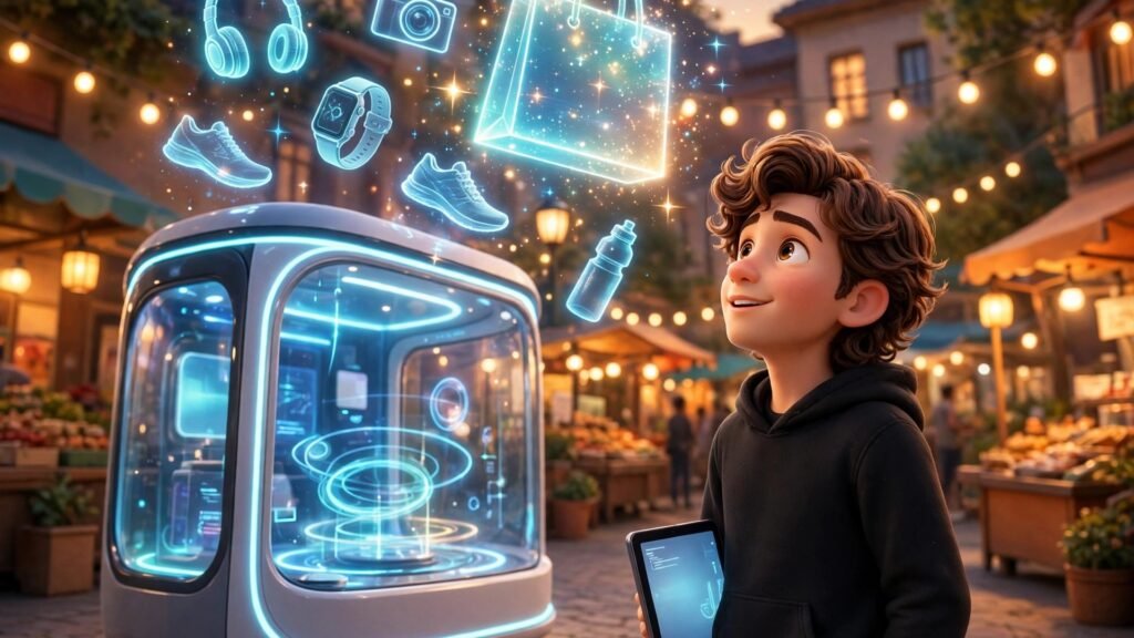 3D Pixar-style young man beside a glowing online storefront kiosk with floating product icons