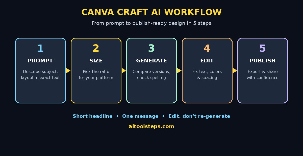 Canva Craft AI workflow diagram: prompt, layout, text, edit, publish