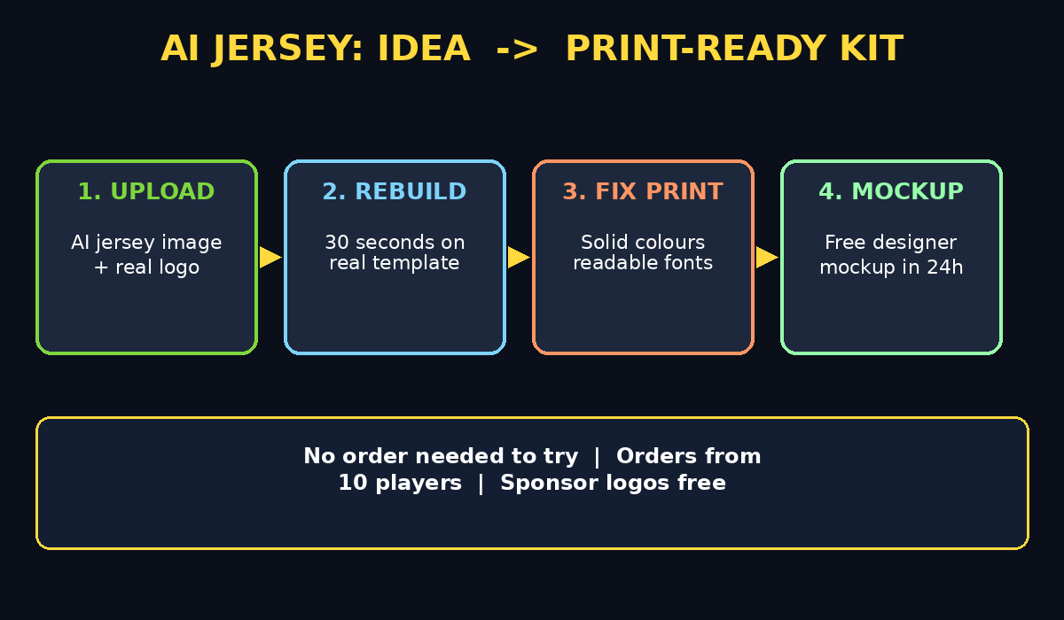 Capra Sports AI jersey builder workflow diagram - upload, rebuild, fix print details, get a free designer mockup
