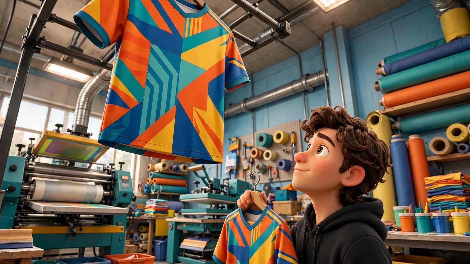 Capra Sports AI jersey builder beginner guide - 3D Pixar mascot in low-angle side profile holding a colourful jersey in a print workshop