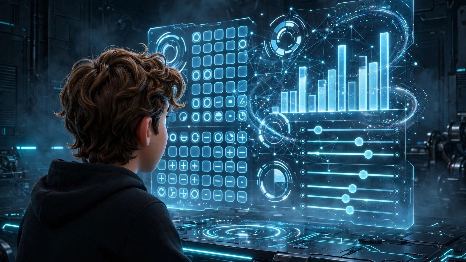 3D Pixar-style young man viewing a holographic interactive ChatGPT Intelligent UI dashboard with calculators and charts