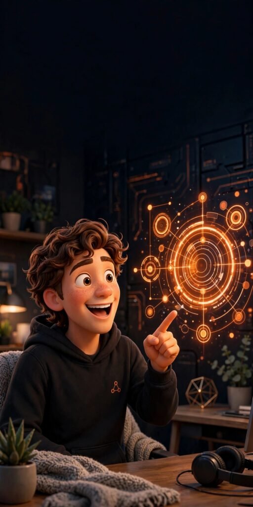 3D Pixar-style character pointing at a glowing hologram chat interface - Claude Haiku 5.5 beginner guide