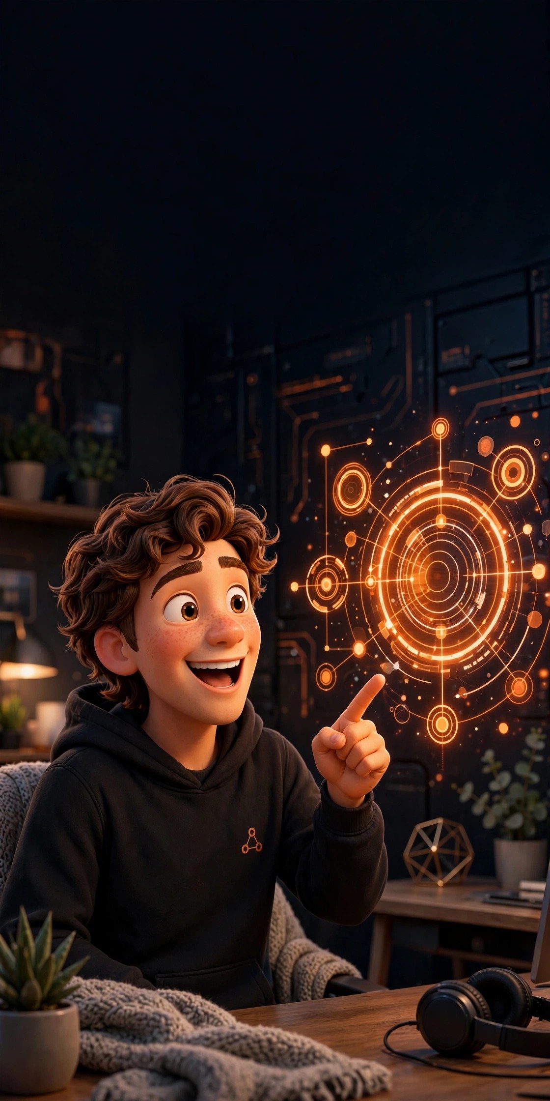 3D Pixar-style character pointing at a glowing hologram chat interface - Claude Haiku 5.5 beginner guide