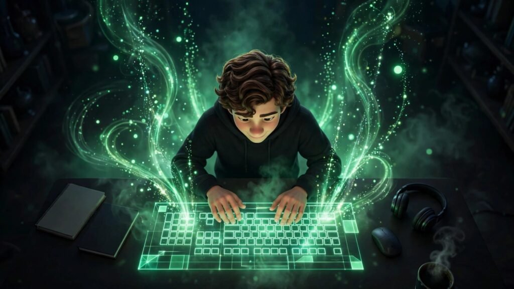 Coderblock AI featured image: 3D character typing on holographic keyboard, top-down view