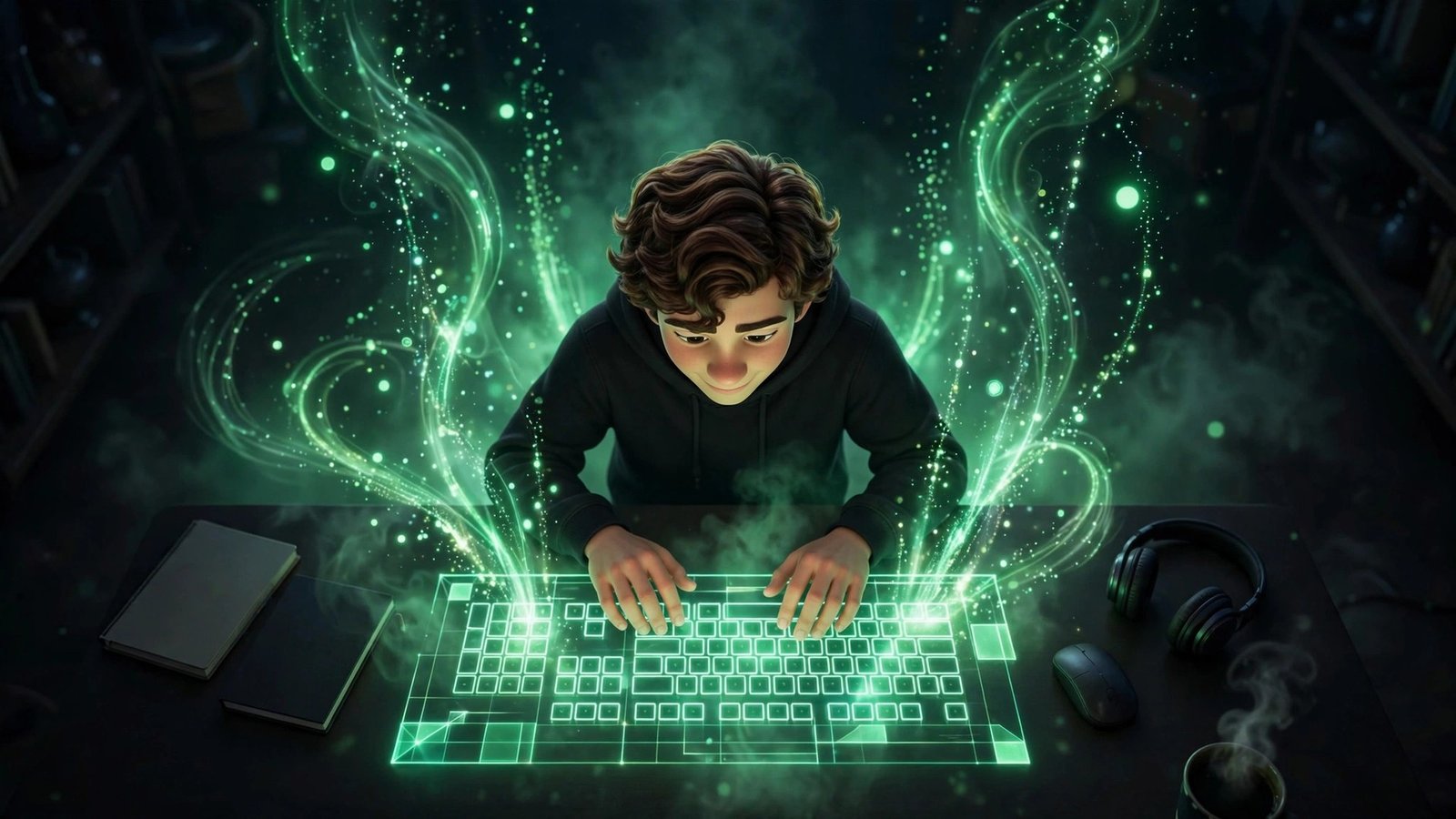 Coderblock AI featured image: 3D character typing on holographic keyboard, top-down view