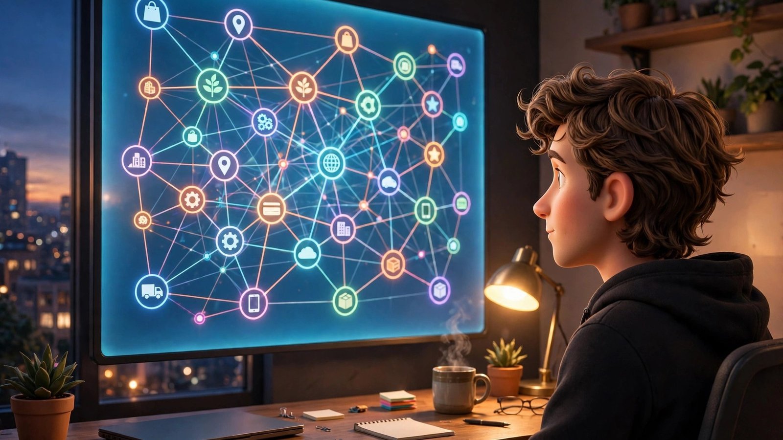 Dageno AI beginner guide - 3D Pixar style mascot in side profile studying a glowing brand network map on a wall screen