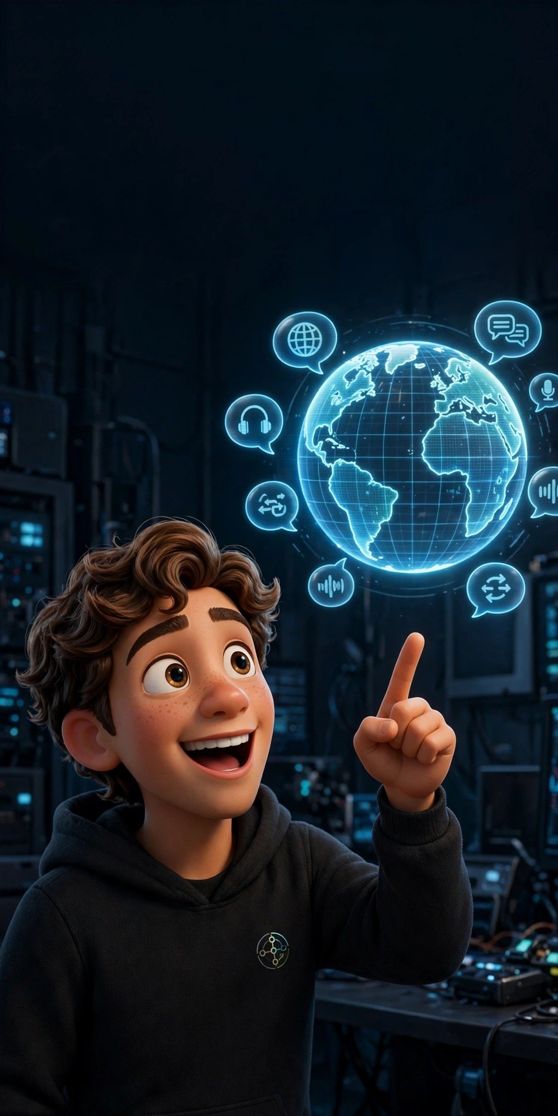 3D Pixar-style character pointing at a glowing holographic globe with translation bubbles - DeepL AI beginner guide