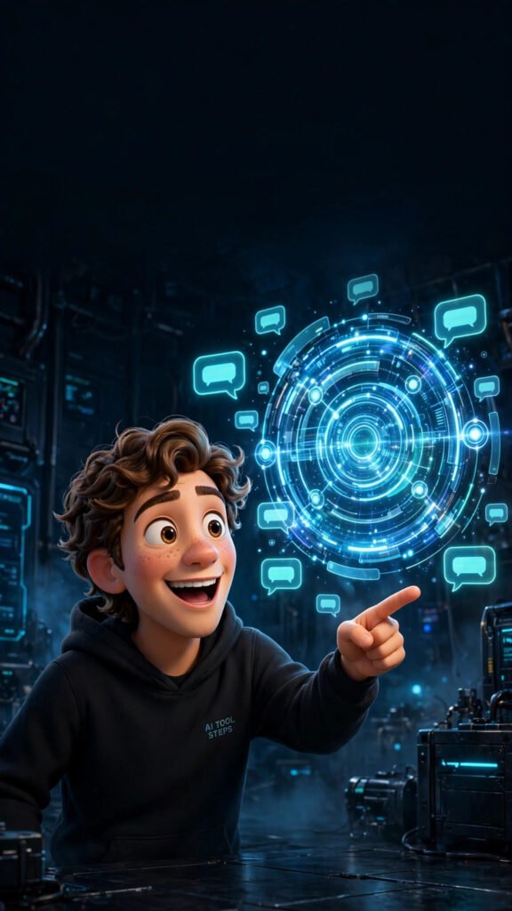 3D Pixar-style illustration of a young man with brown wavy hair pointing at a glowing DeepSeek AI chatbot hologram