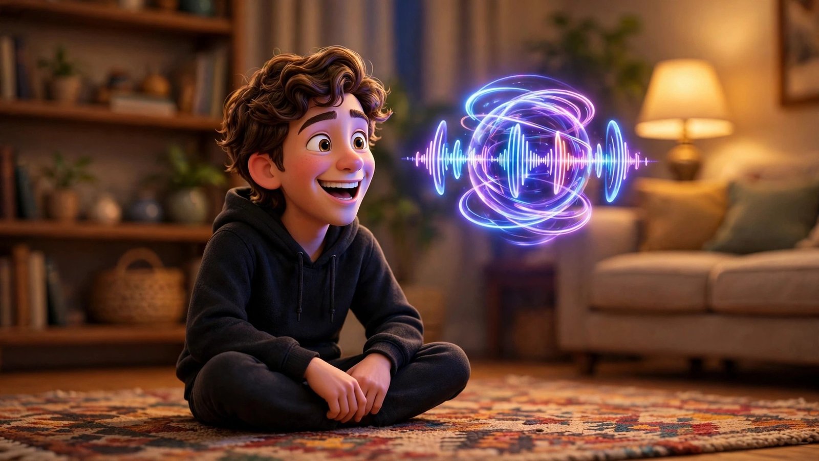 How to Use Dessa AI for Beginners - 3D Pixar-style young man laughing and talking to a glowing sound-wave orb