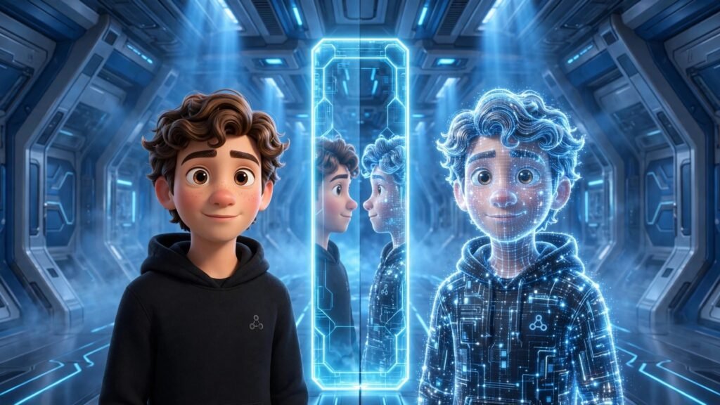 Digen AI featured image: 3D character facing his glowing digital-twin avatar hologram