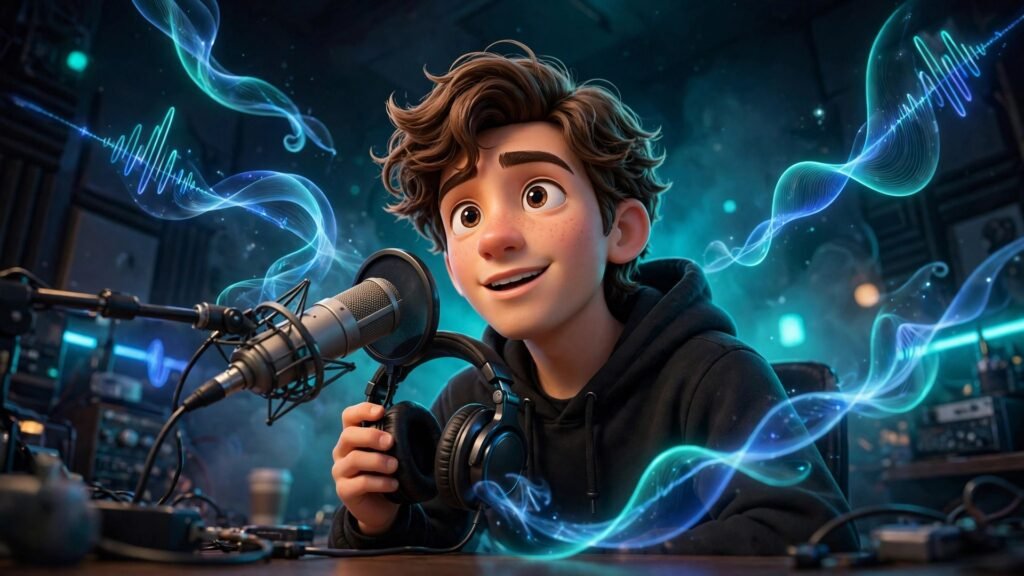 3D Pixar-style young man with brown wavy hair in a black hoodie recording a voiceover into a studio microphone with glowing sound waves