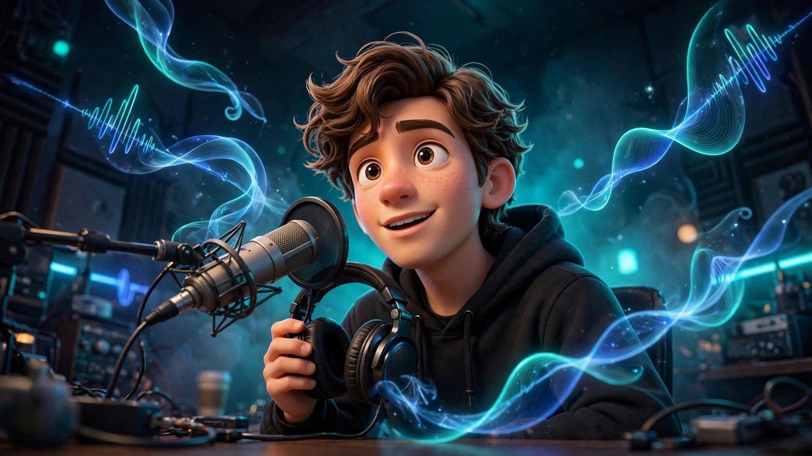 3D Pixar-style young man with brown wavy hair in a black hoodie recording a voiceover into a studio microphone with glowing sound waves