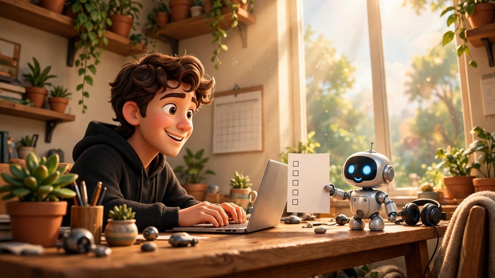 Eney AI beginner guide - 3D Pixar style mascot at desk with laptop and small robot assistant holding checklist, low-angle side view