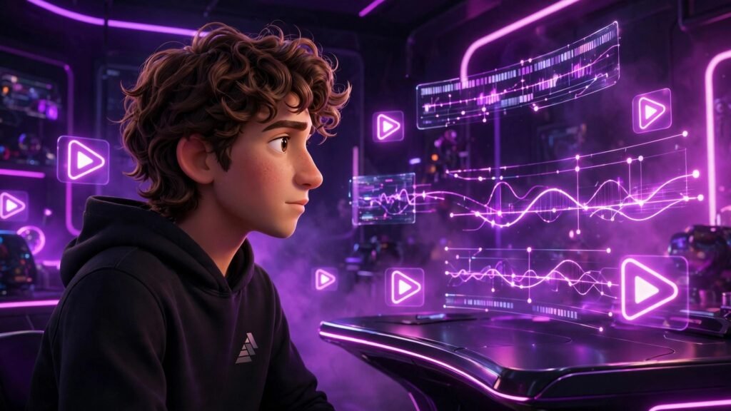 Fliki AI featured image: 3D character at futuristic video editing desk, side profile