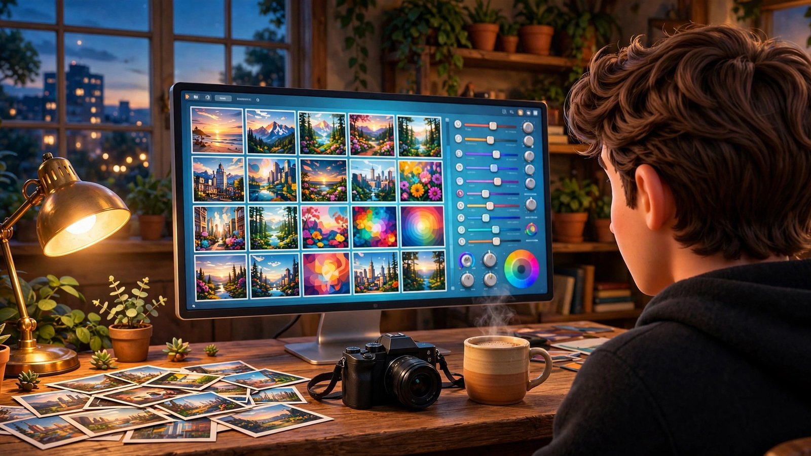 Fotoreto AI beginner guide - over-the-shoulder 3D Pixar style mascot editing photos on a large monitor