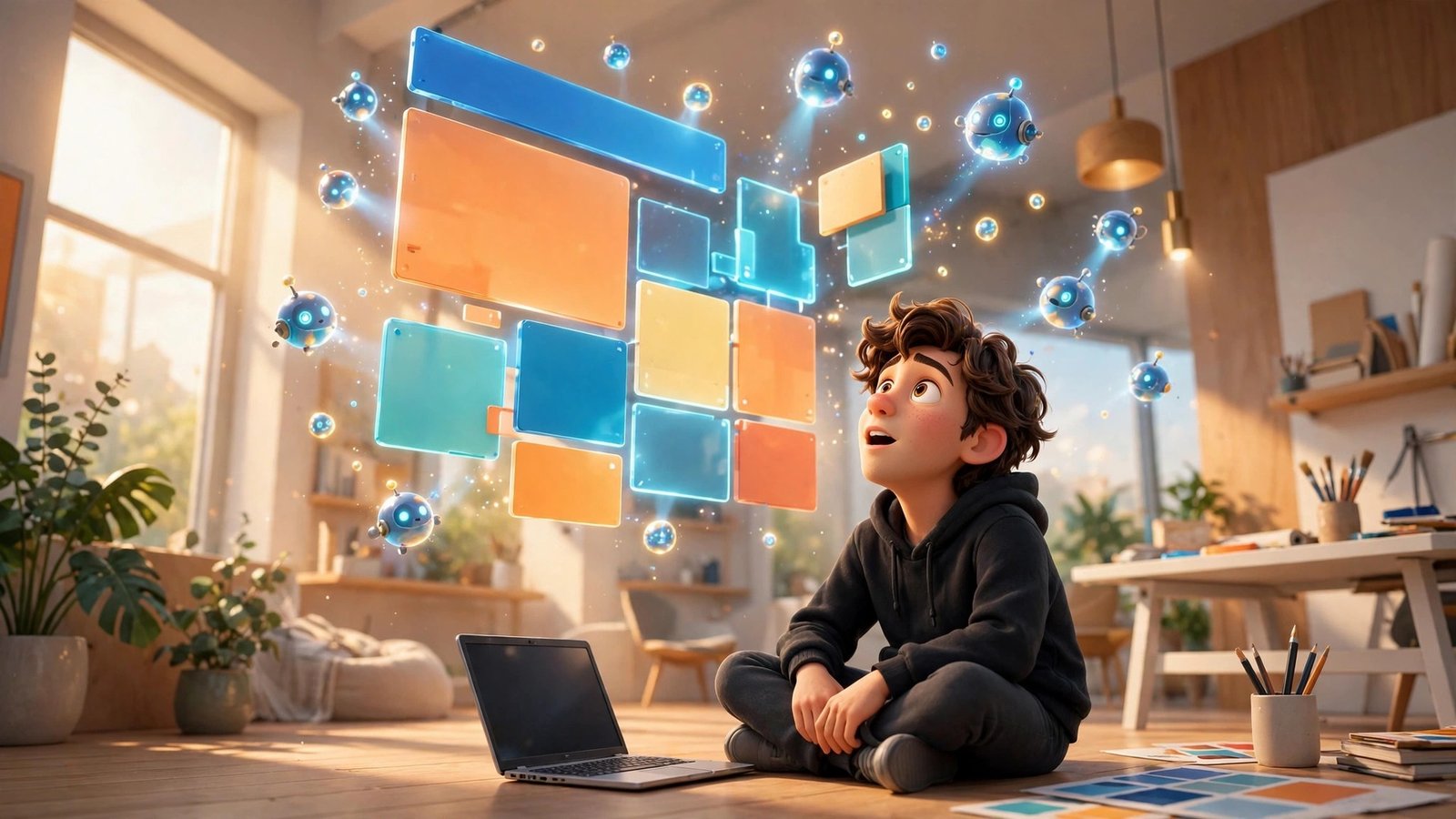 Framer AI Agents beginner guide - 3D Pixar style mascot sitting cross-legged on the studio floor looking up at a glowing website mockup built by AI agent orbs