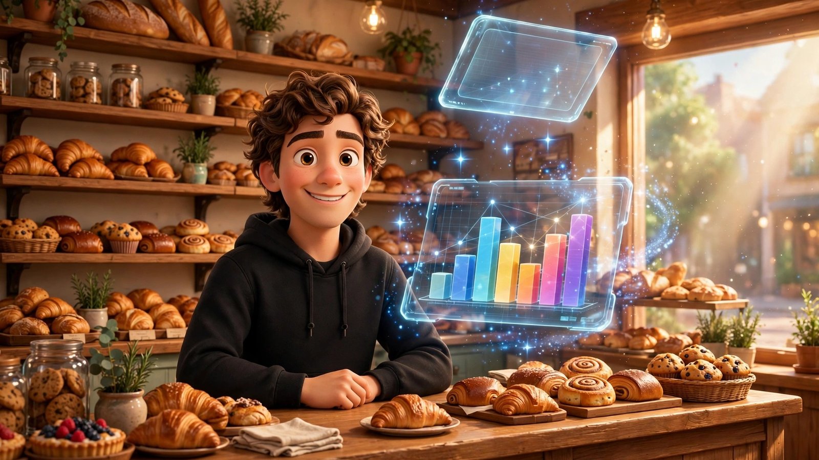 3D Pixar-style young man in a black hoodie behind a small bakery counter with a holographic business chart