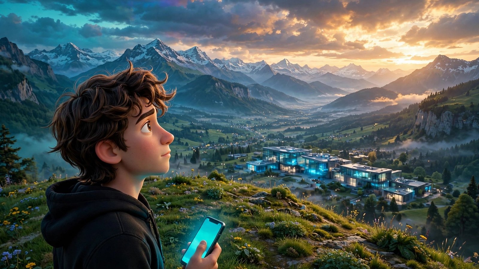 How to use Giotto AI for beginners - mascot overlooking Swiss Alps at dusk