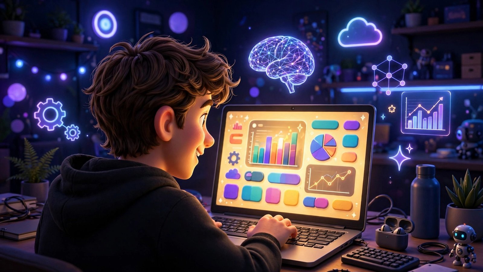 Google AI Studio Web Apps beginner guide - 3D Pixar style mascot building an AI web app on a laptop