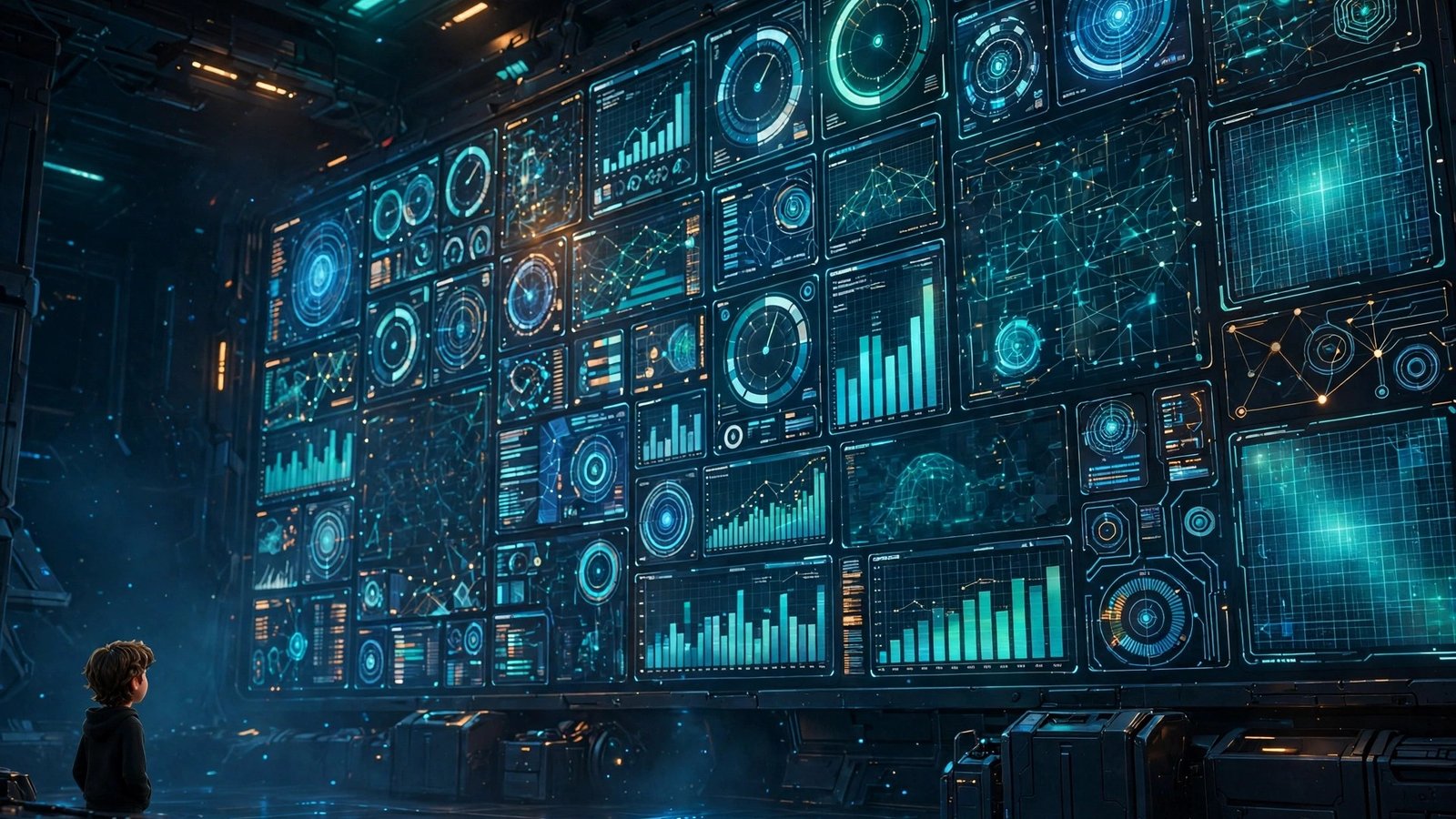 Young man observing a glowing wall of data dashboards - Google Data Agent Kit beginner guide