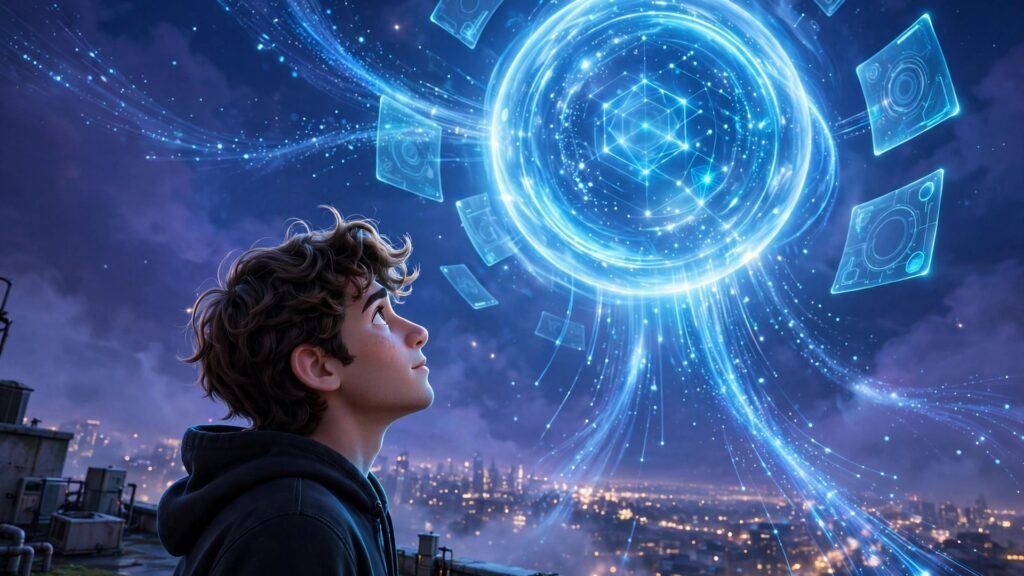 How to use Google Gemini 4 Argon for beginners - young man looking up at glowing AI orb