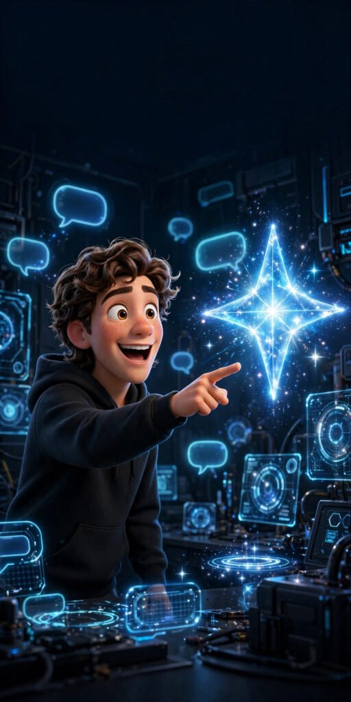 3D illustration of a young man pointing at a glowing Google Gemini AI sparkle hologram