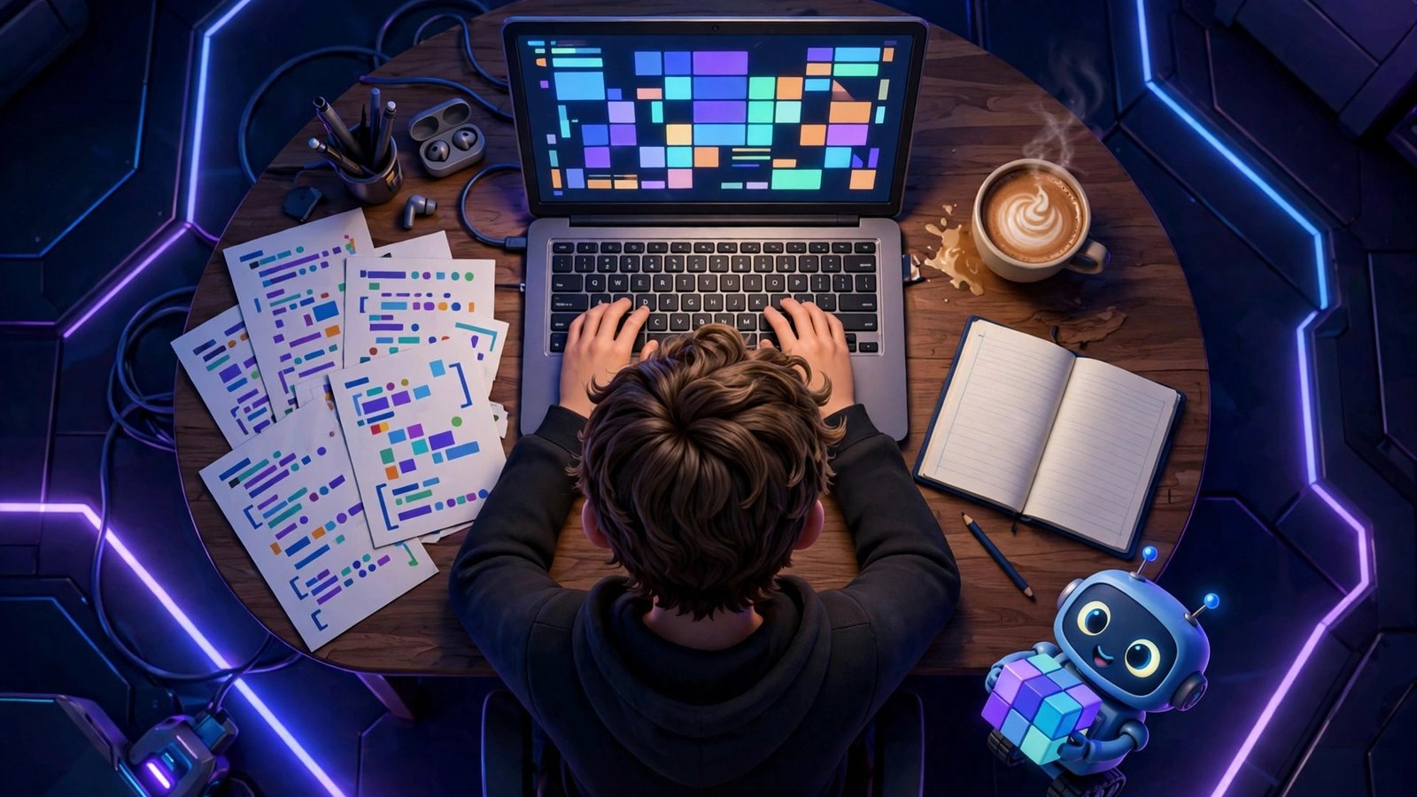 Top-down view of a young man coding on a laptop with a small robot assistant, for How to Use Google Jules AI for Beginners
