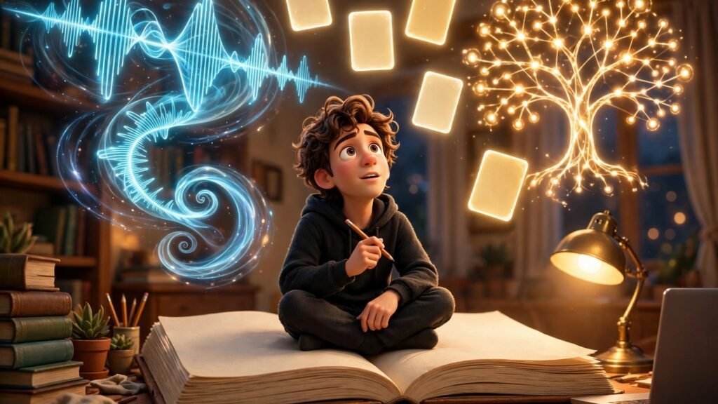 Google Learn Your Way AI beginner guide - 3D Pixar style mascot sitting on a giant open book with quiz cards, mind-map tree and audio waveform