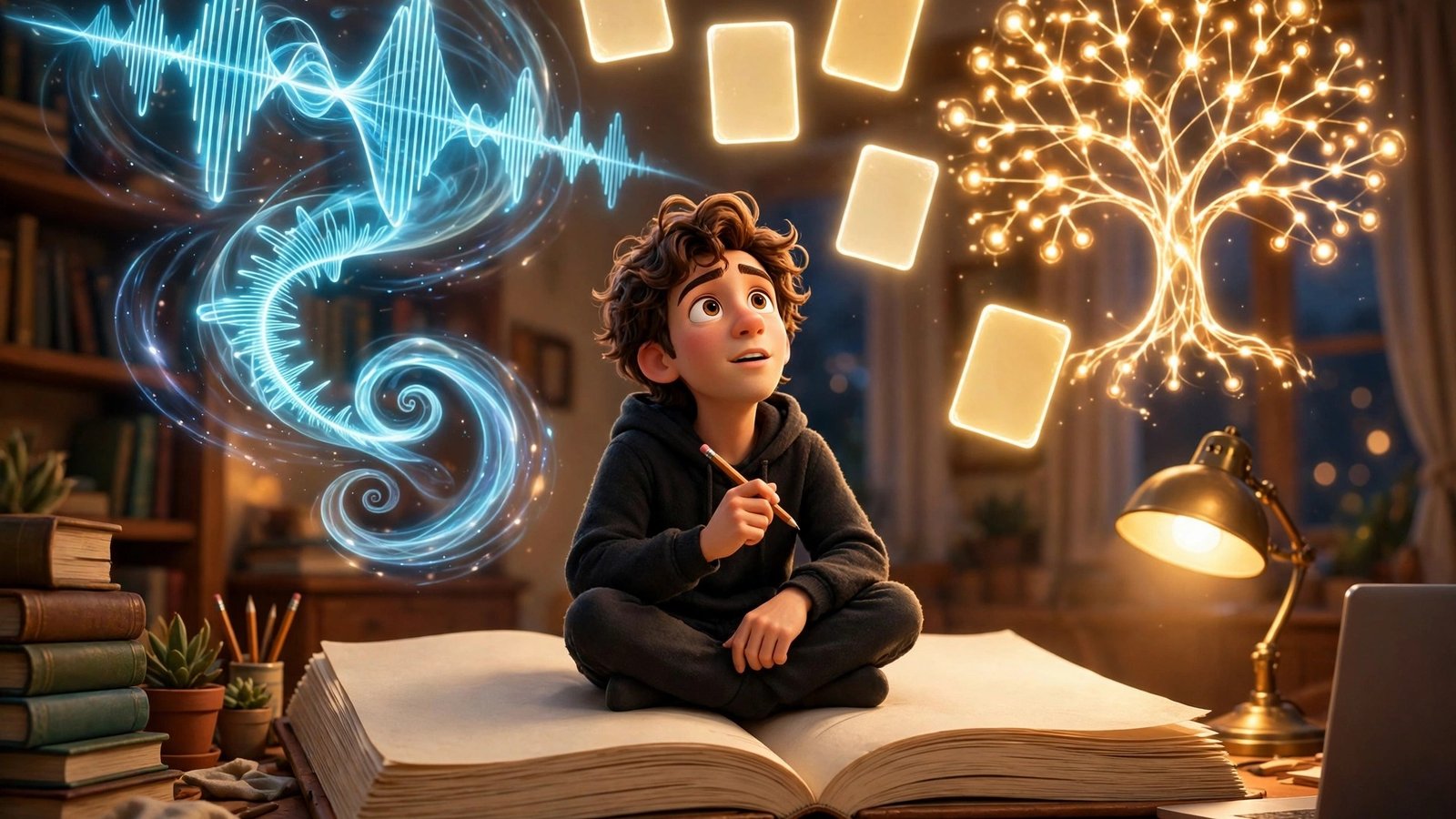 Google Learn Your Way AI beginner guide - 3D Pixar style mascot sitting on a giant open book with quiz cards, mind-map tree and audio waveform