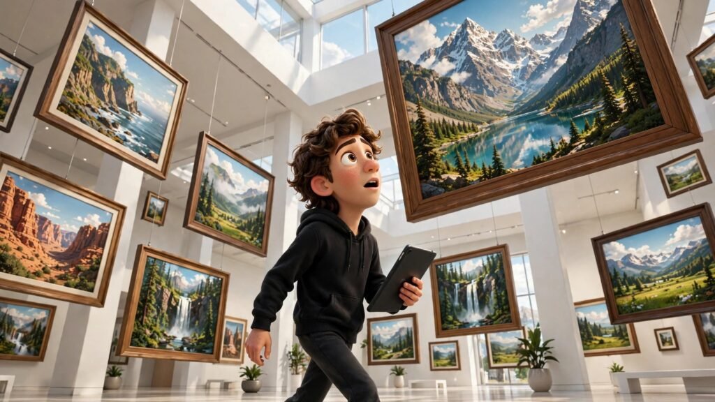 3D Pixar-style young man in a black hoodie walking through a gallery of large AI-generated landscape images