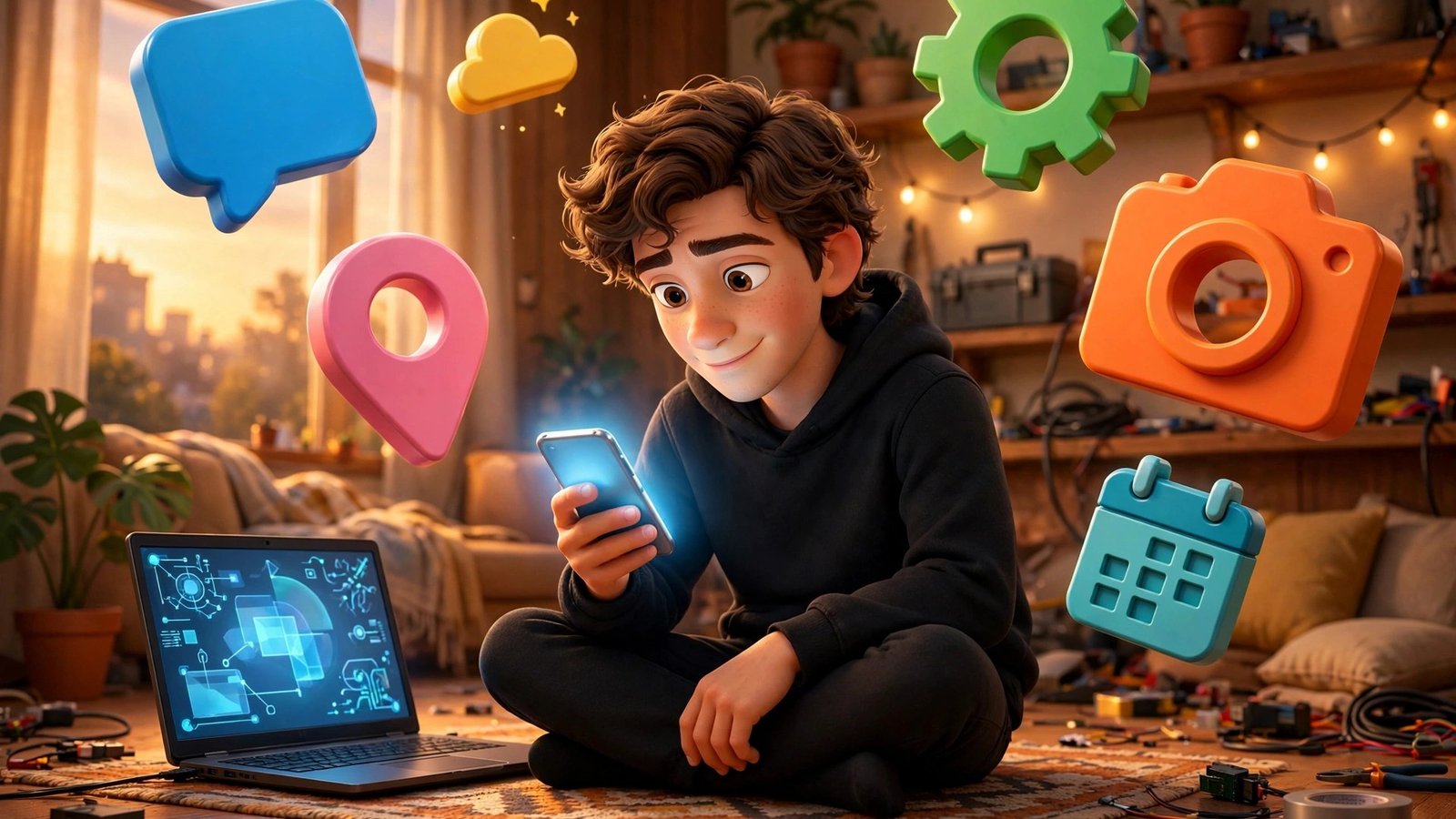 Google Play Personal Apps AI beginner guide - 3D Pixar style mascot sitting cross-legged on floor with floating app icons, holding phone
