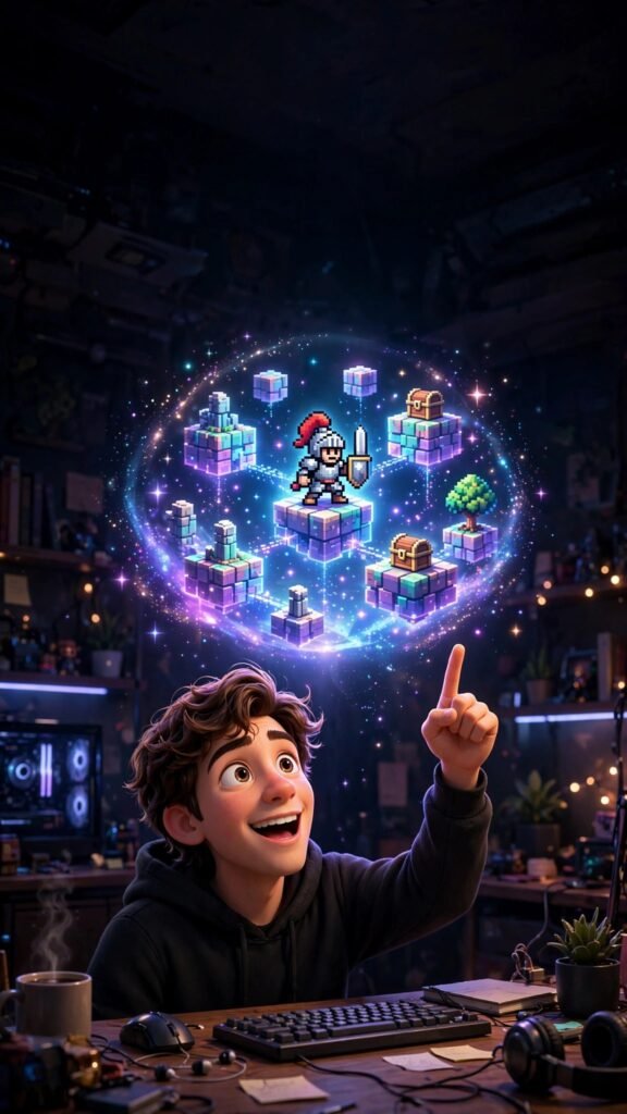 How to use Google Playground AI for beginners - 3D Pixar-style character pointing at a glowing game hologram
