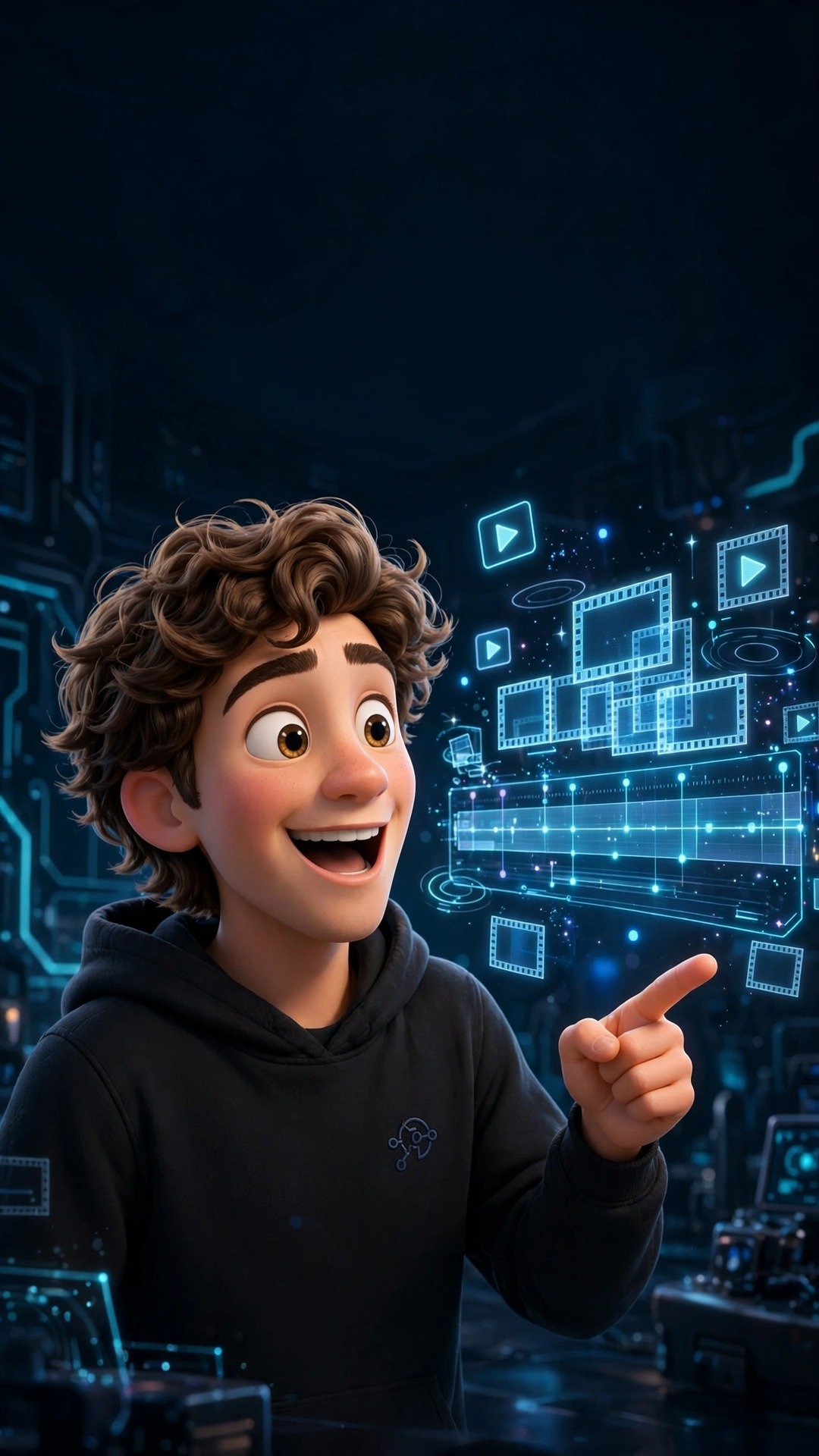 3D Pixar-style young man with brown wavy hair pointing at a holographic Google Vids video-editing timeline