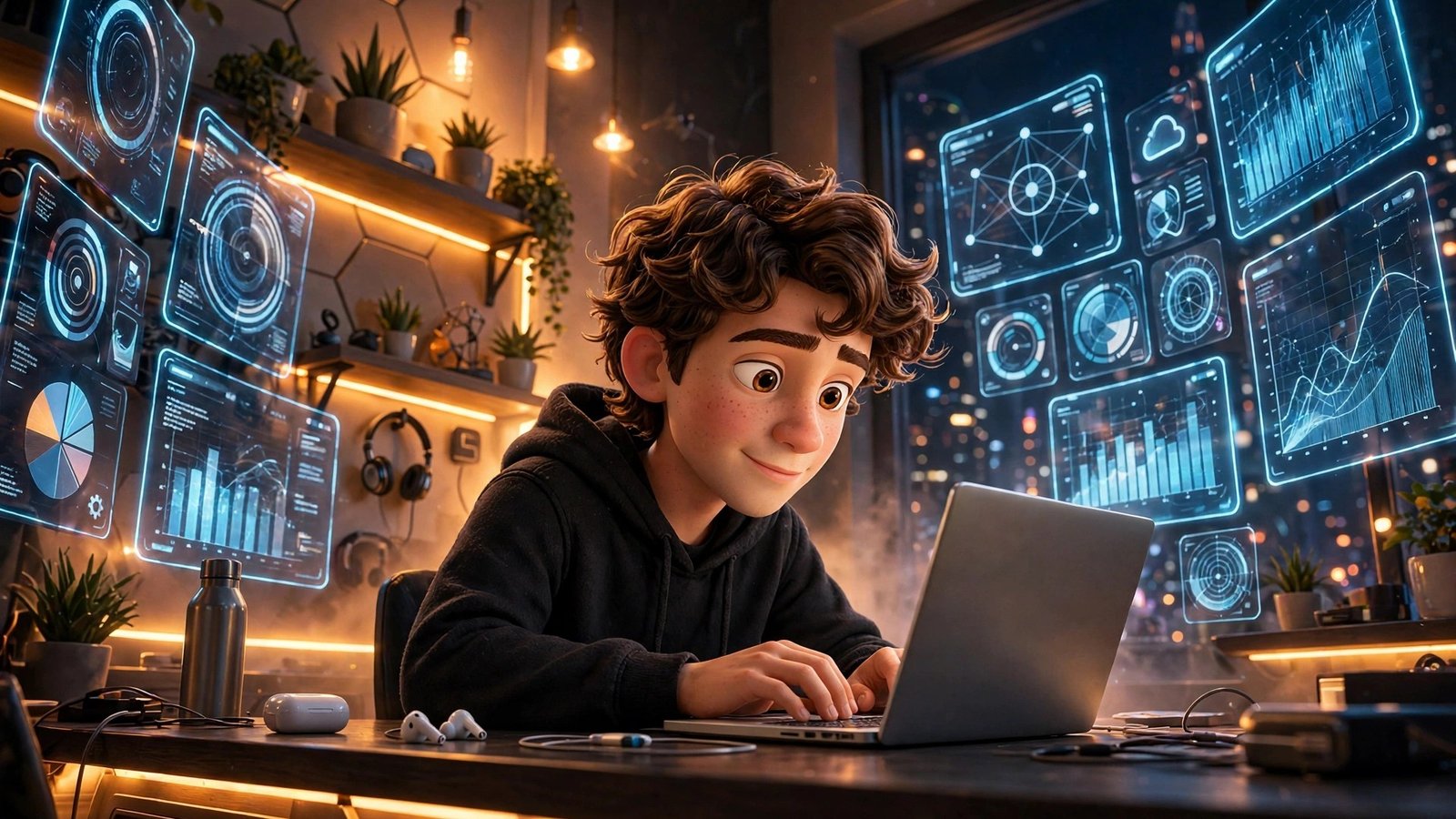 GPT-6.1 Terra AI beginner guide featured image: young man typing at a laptop surrounded by glowing computer screens