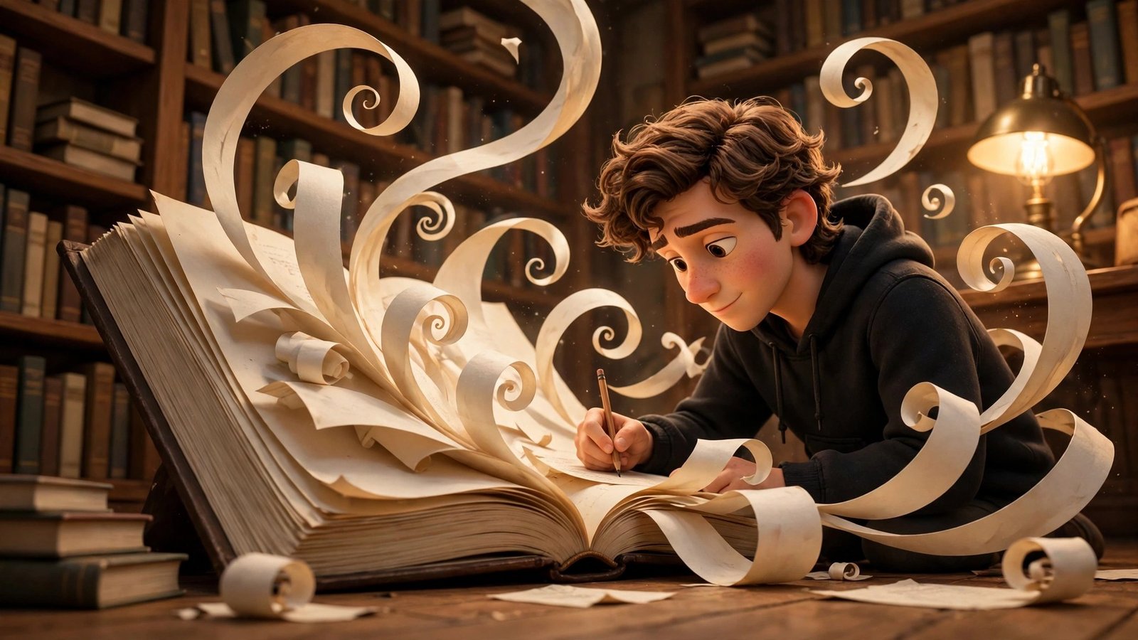 3D Pixar-style young man editing a giant open book with flowing paper pages, GPTHuman Origin 5.0 AI humanizer guide
