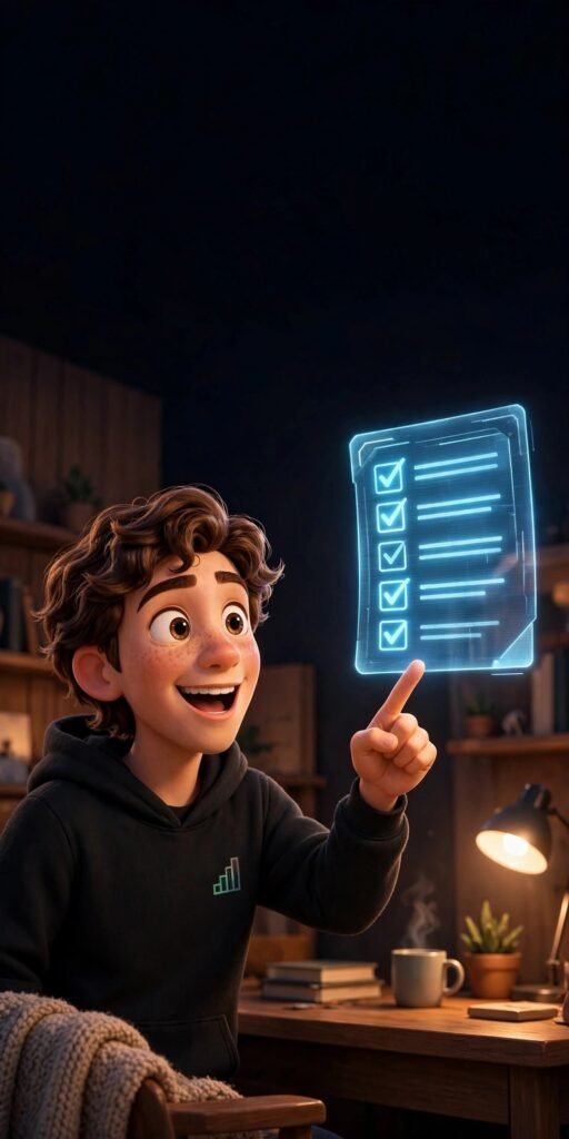 3D Pixar-style character pointing at a glowing holographic document - Grammarly AI beginner guide
