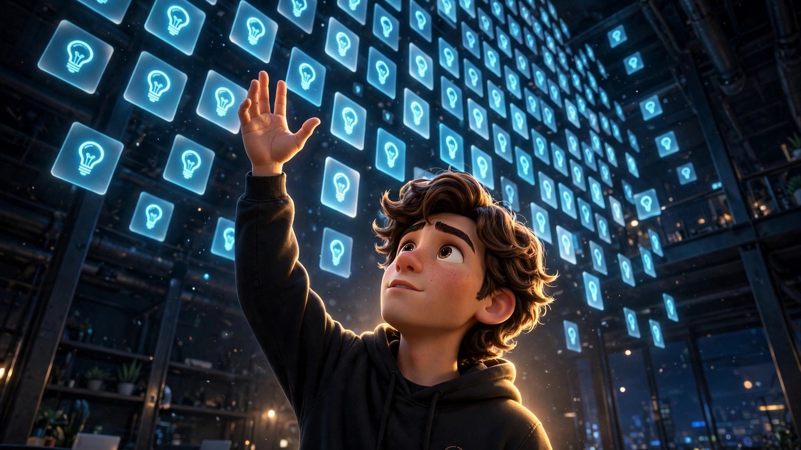 3D Pixar-style young man reaching toward a glowing wall of business idea lightbulbs — How to use Idealab.ai beginner guide