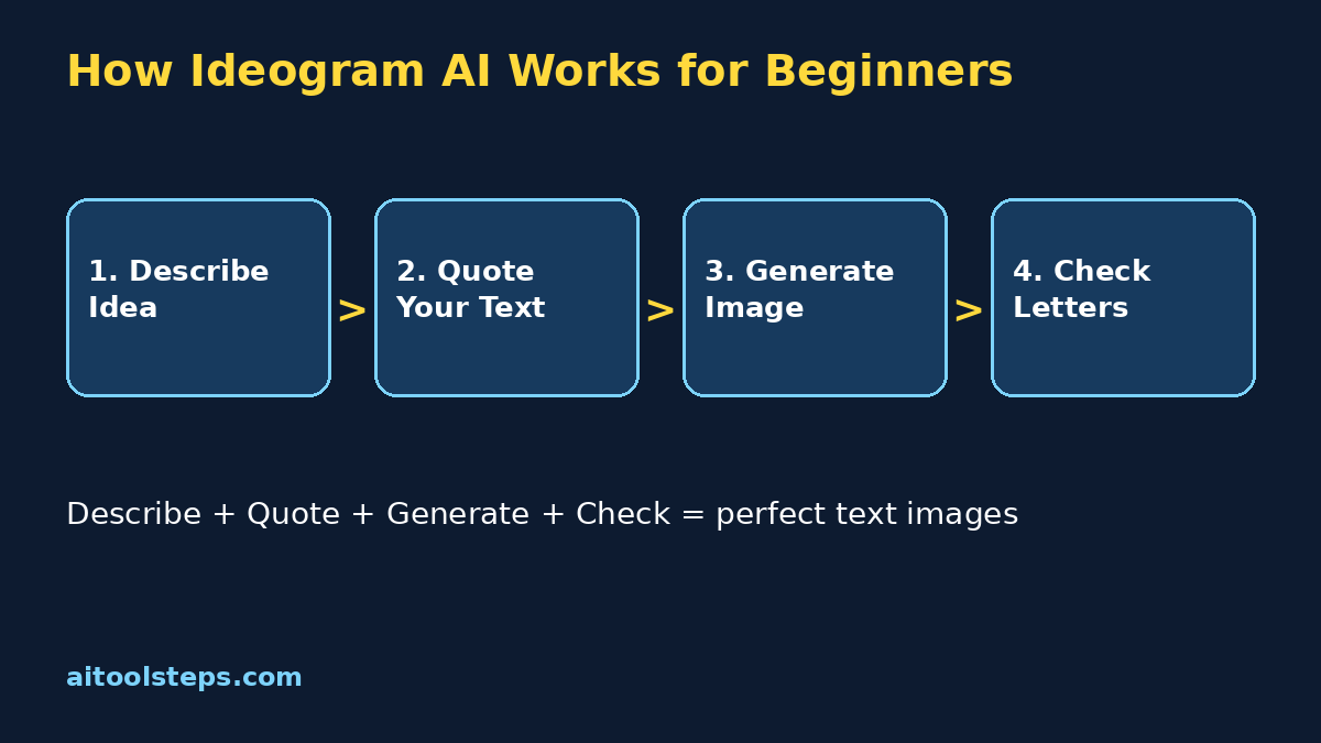 Ideogram AI for beginners workflow diagram showing describe quote generate and check steps