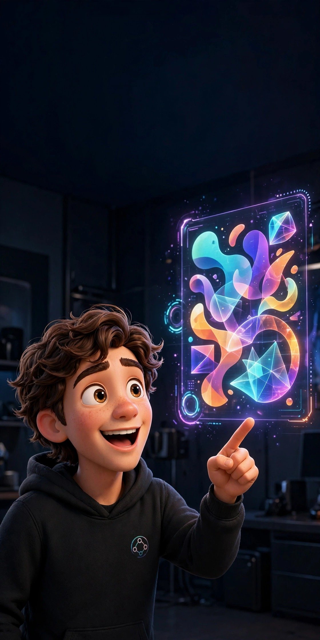 3D Pixar-style character pointing at a glowing holographic poster - Ideogram AI beginner guide